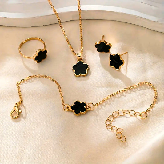 4-Piece Chic Clover Jewelry Set for Women: Necklace, Bracelet & Ring