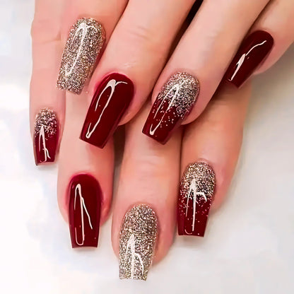 24-Piece Golden Glitter Press-On Nails Reusable - Medium Square Acrylic Wine Red Design