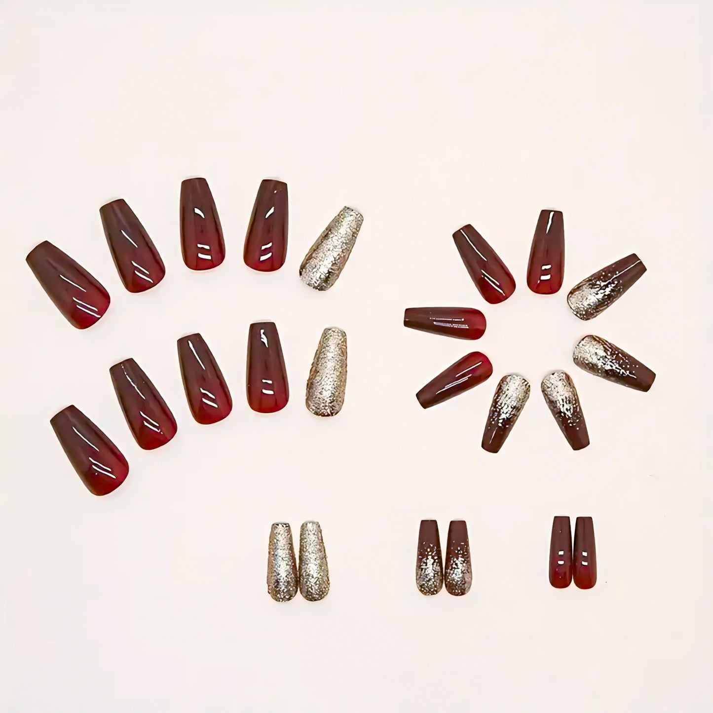 24-Piece Golden Glitter Press-On Nails Reusable - Medium Square Acrylic Wine Red Design