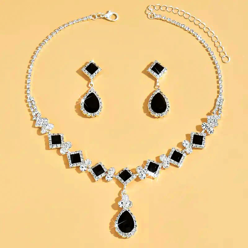 Silver-Plated Jewelry Set: Necklace & Earrings with Shining Gemstones