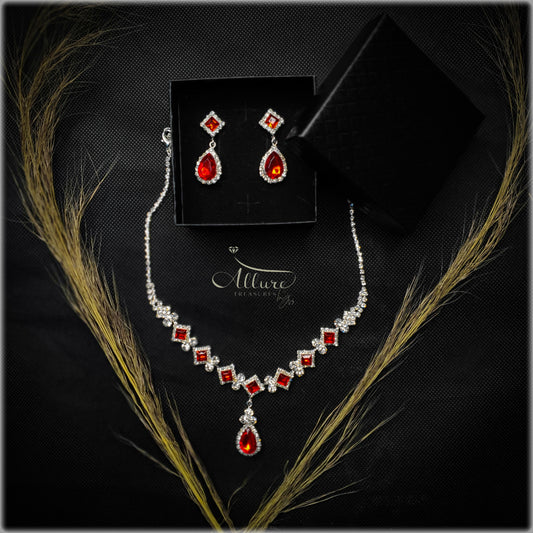 Elegant Silver-Plated Jewelry Set: Scarlet Glass Necklace & Earrings