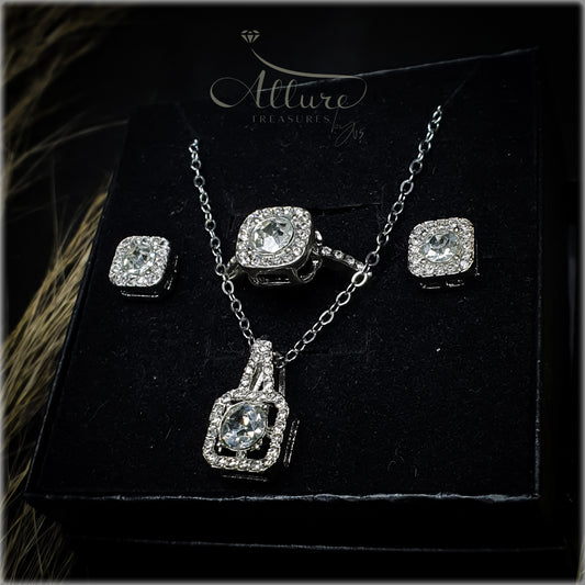 Elegant Silver Jewelry Set for Women: Luxurious Necklace, Earrings & Adjustable Ring