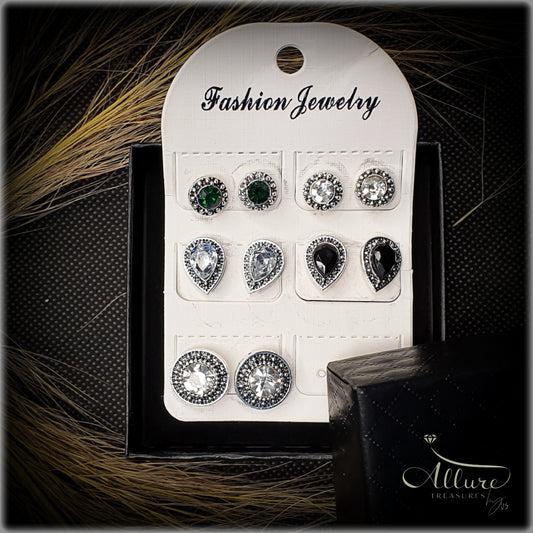 5-Pair Crystal & Gemstone Stud Earrings Set - Daily Wear, Assorted Designs with Mixed Plating