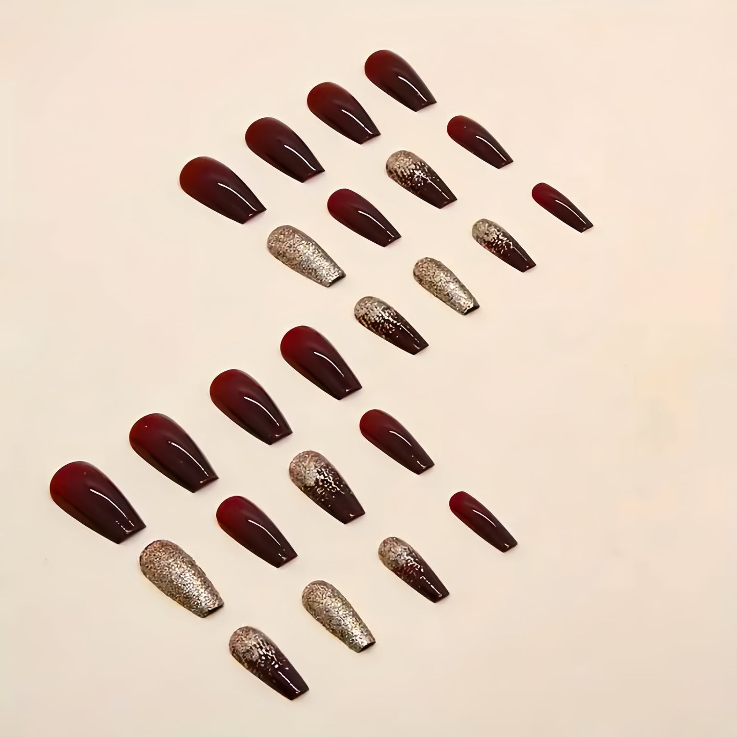 24-Piece Golden Glitter Press-On Nails Reusable - Medium Square Acrylic Wine Red Design