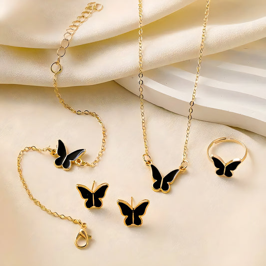 4-Piece Butterfly Jewelry Set: Necklace, Earrings, Bracelet & Ring - Elegant & Stylish